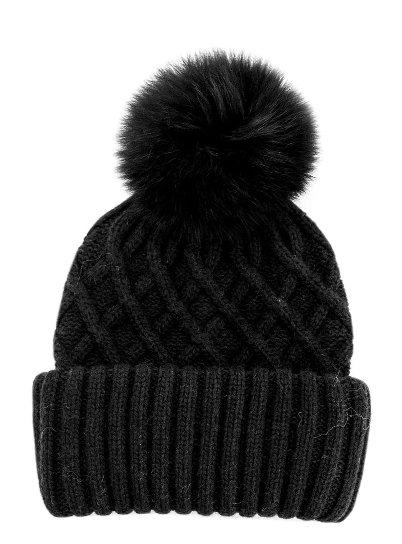 Knitted Hat W/Fox Pom Pom - Black