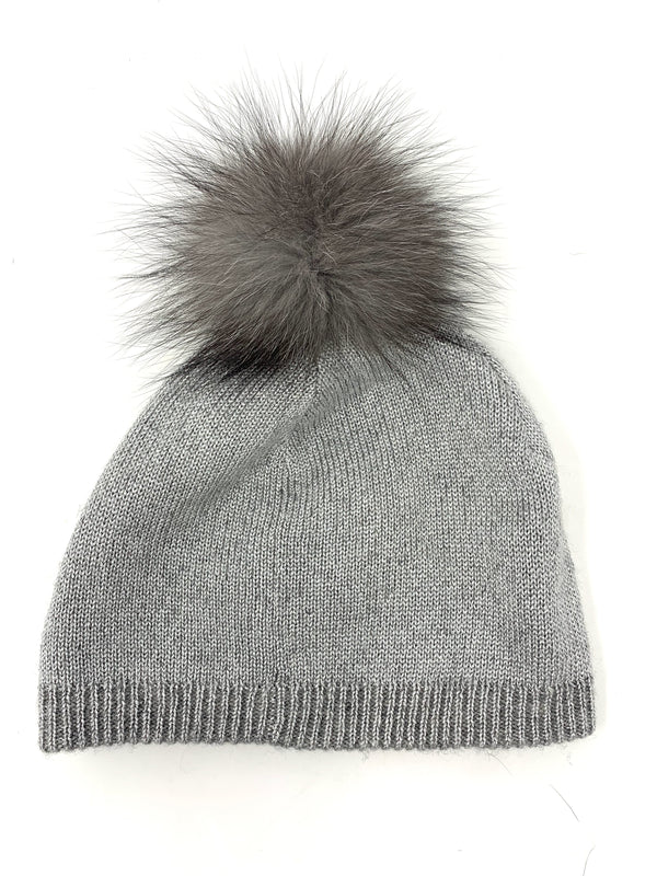 Mitchie’s Silver Reversible Knitted Beanie with Indigo Fox Pom HTIM07