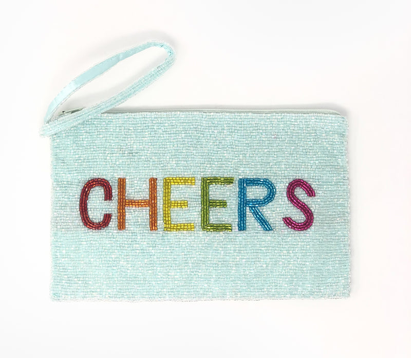Moyna Wristlet with Rainbow Letters - CHEERS - Light Blue