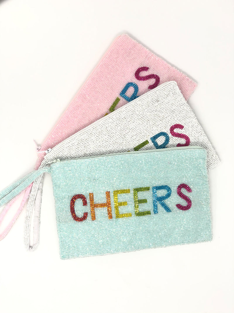 Moyna Wristlet with Rainbow Letters - CHEERS - Light Blue