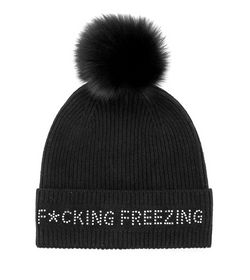 Mitchie’s Black F*cking Freezing Knitted Hat with Fox Pom Pom