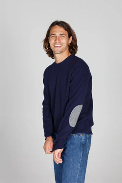 Mens Elbow Patch Crew - Navy/Gray