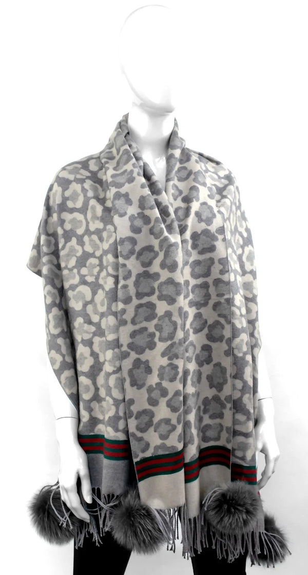 Mitchie's Grey/Ivory Leopard Print Woven Scarf w/stripe & Moody grey pom poms